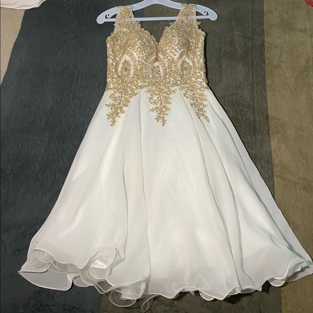 Prom White & Gold Dress with Rhinestones Sz S (4)